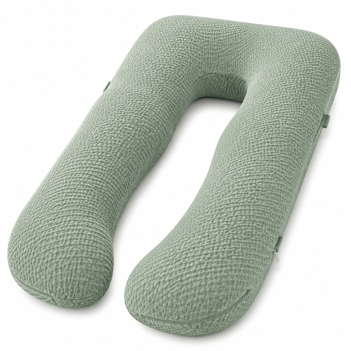 Cojín de embarazo en U 145 cm de tejido texturizado verde salvia - soporte corporal envolvente