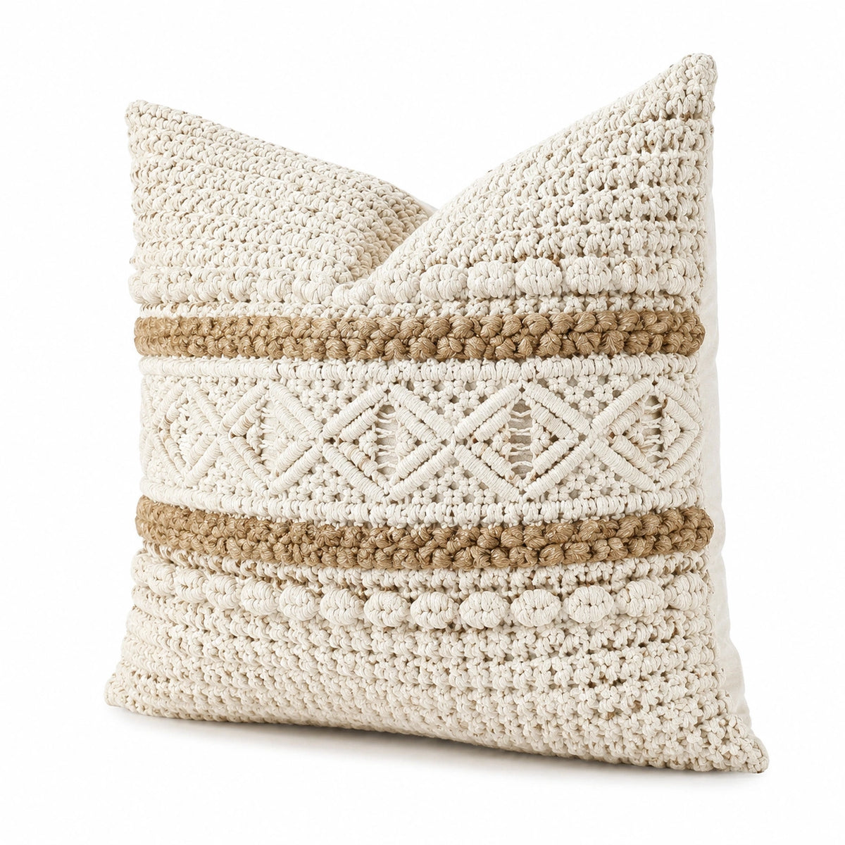 Cojín cuadrado 45 cm de algodón beige y marrón estilo bohemio tejido