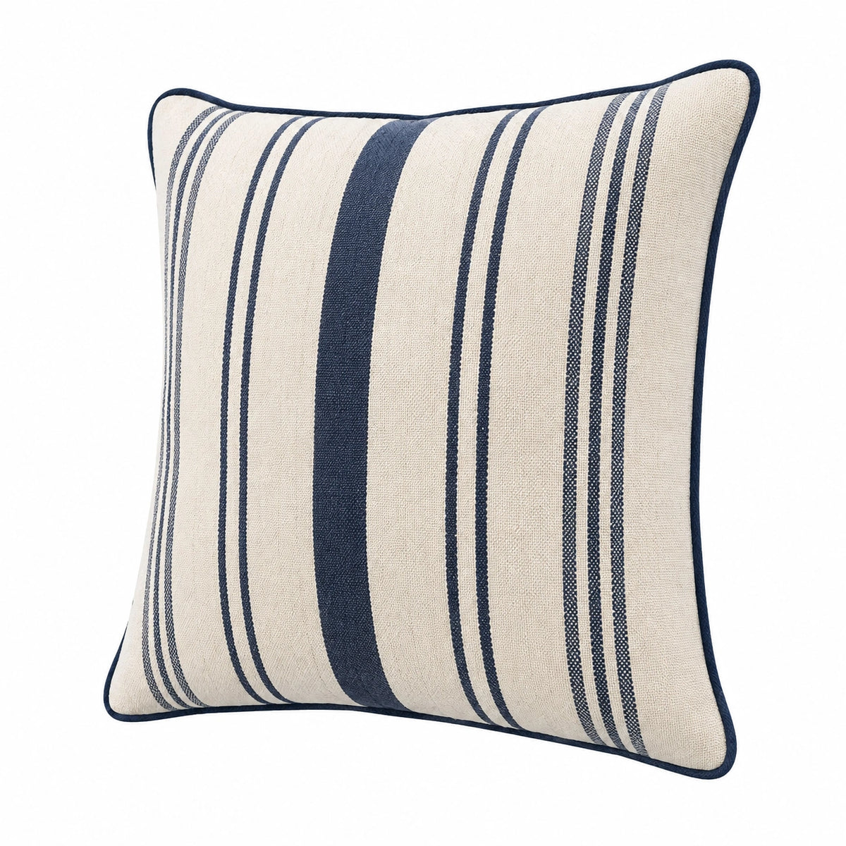 Cojín cuadrado 45 cm de tejido beige y azul marino con rayas decorativas