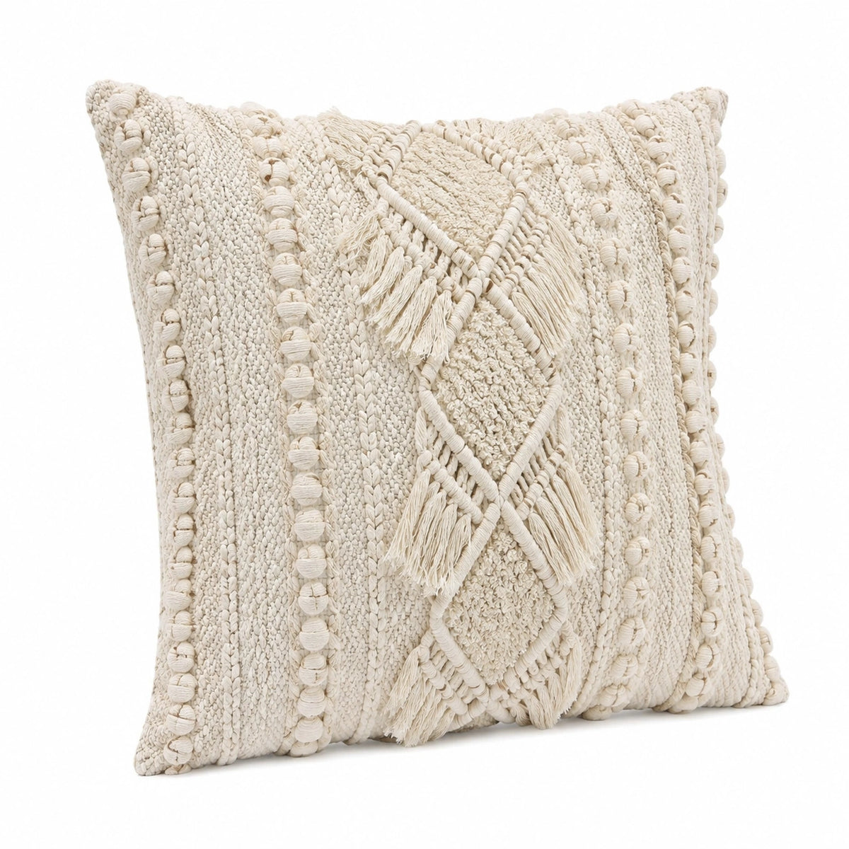 Cojín decorativo cuadrado 45 cm de tejido beige con relieve estilo bohemio