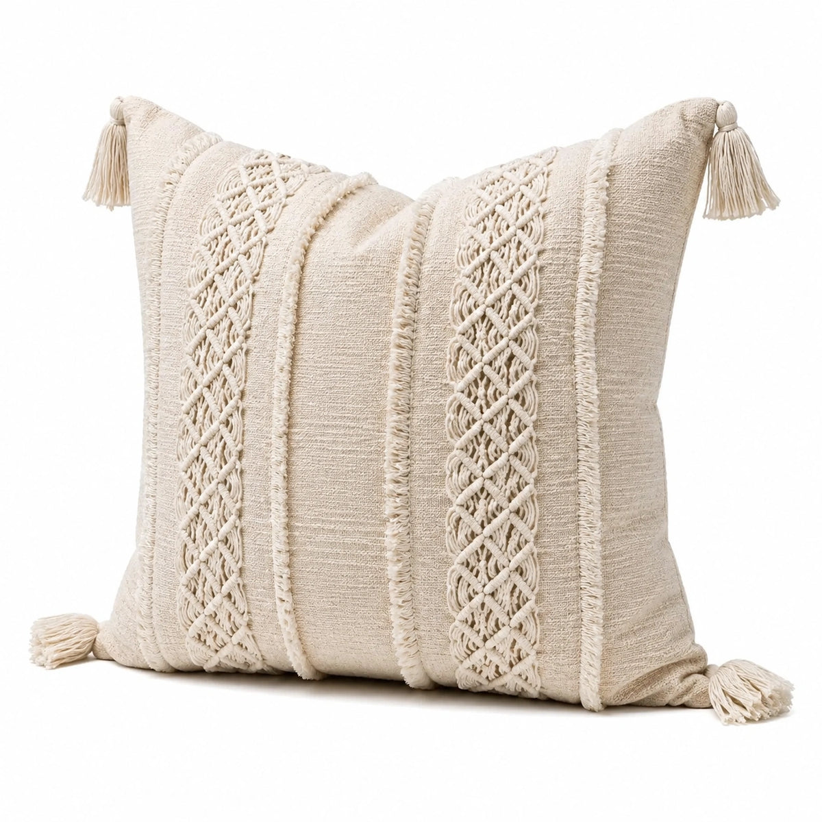 Cojín decorativo cuadrado 45 x 45 cm de algodón beige con flecos estilo bohemio