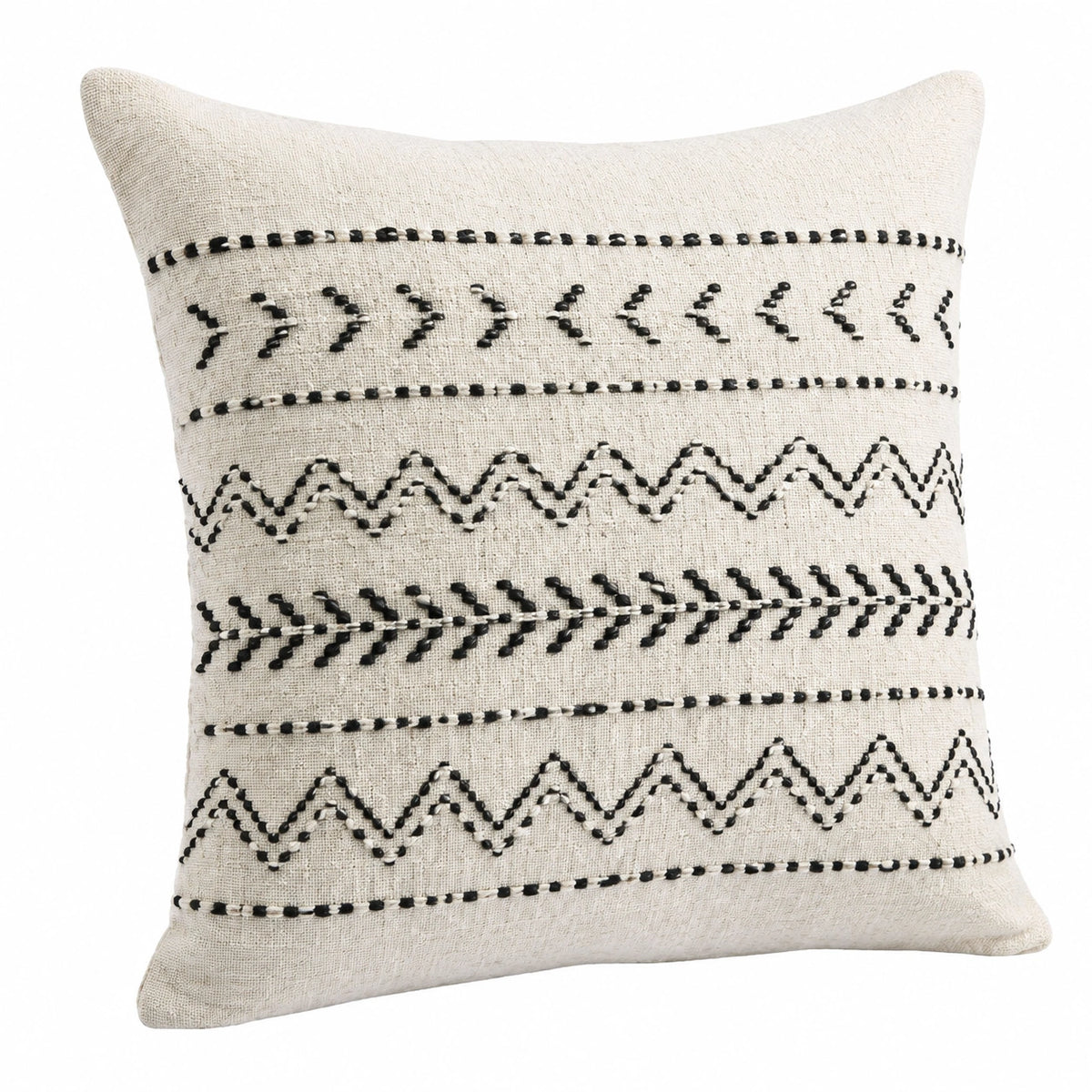 Cojín decorativo 45 x 45 cm de tejido beige con bordado negro estilo geométrico