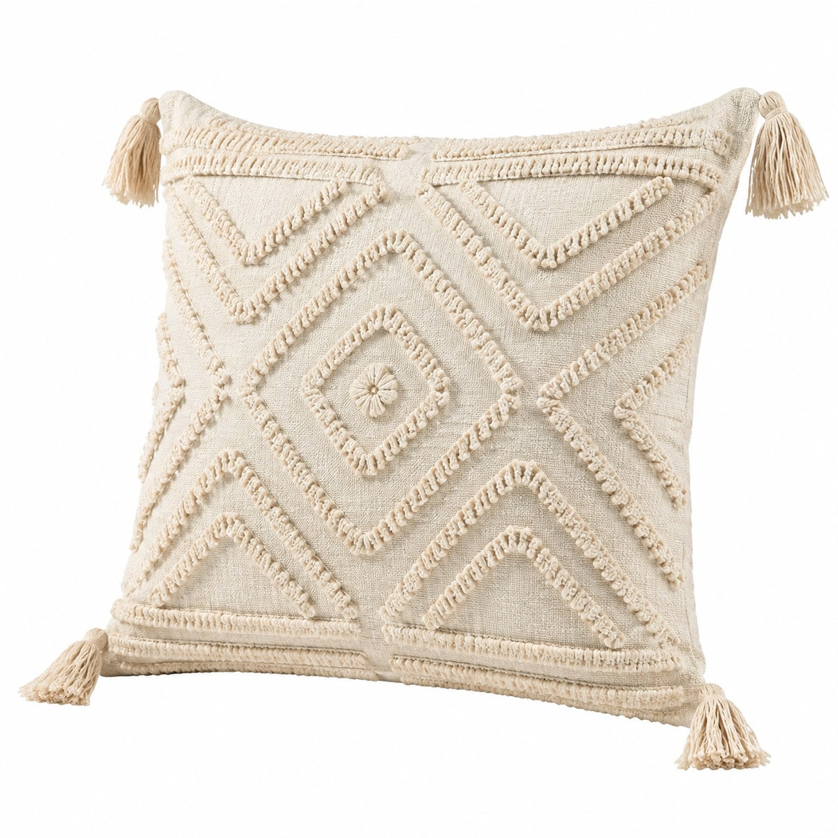 Cojín cuadrado 45 cm de algodón beige con borlas estilo bohemio