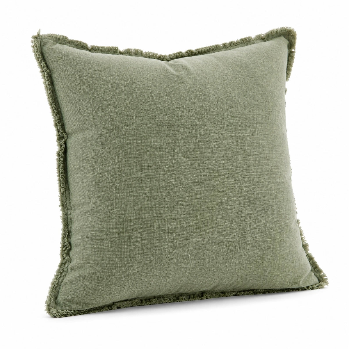 Cojín decorativo cuadrado 45 x 45 cm de tejido verde salvia con flecos