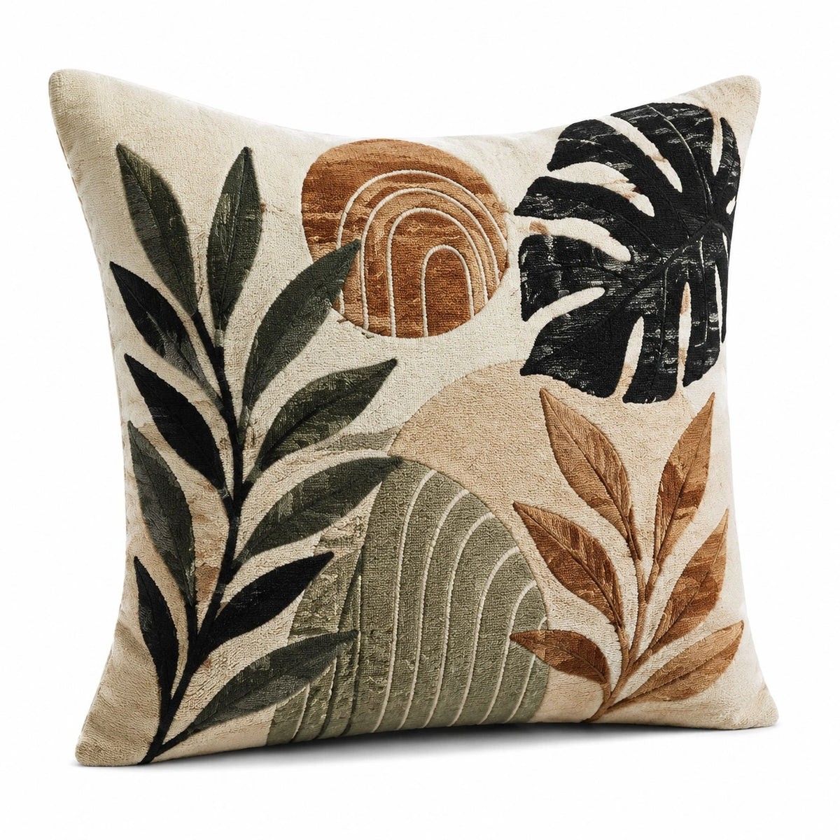 Cojín cuadrado 45 x 45 cm de tejido textil beige con hojas bordadas estilo botánico