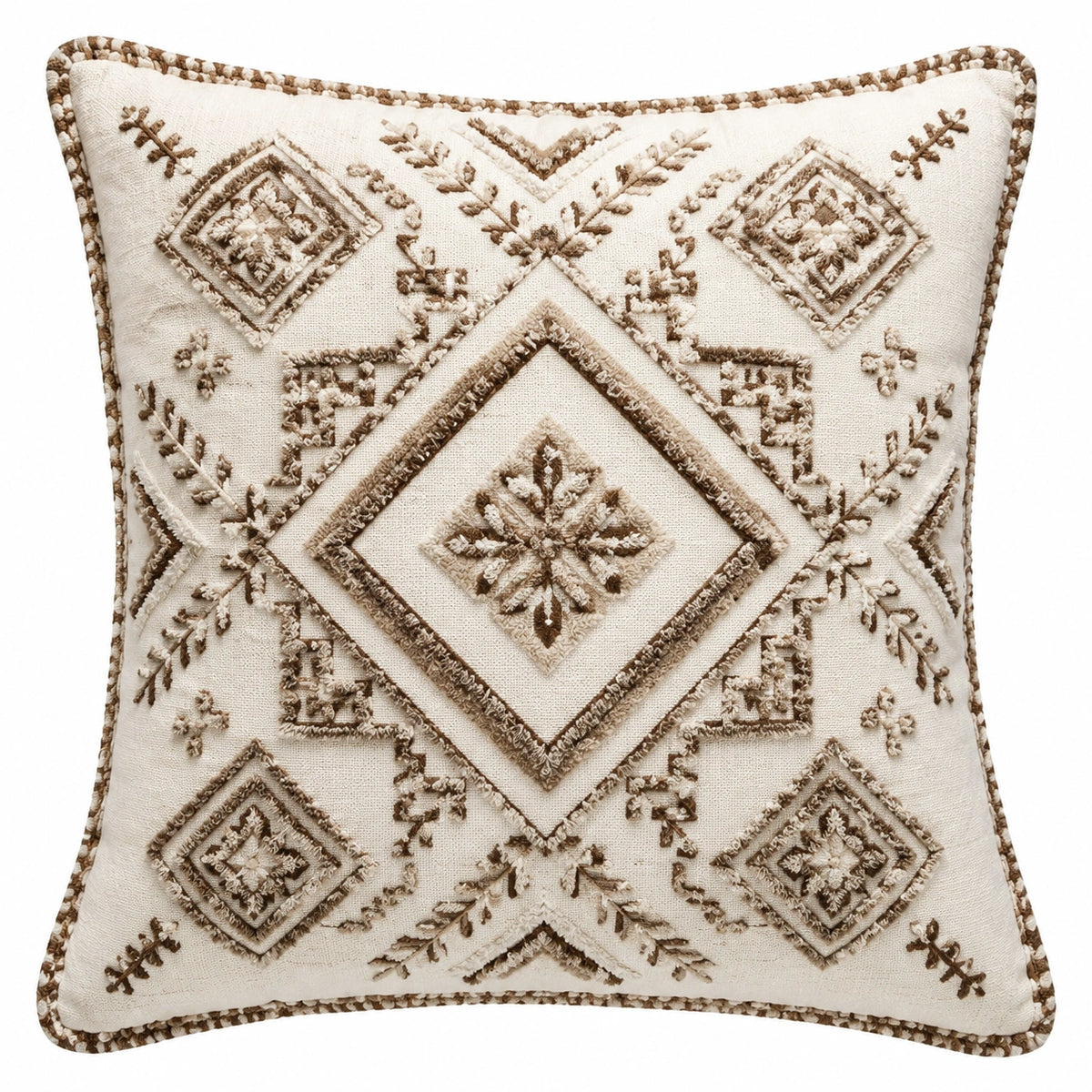Cojín decorativo 45 x 45 cm de tejido beige y marrón bordado estilo bohemio