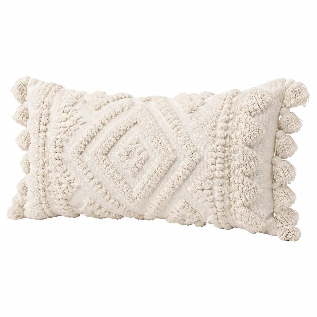 Cojín rectangular 50 x 30 cm de algodón beige con flecos estilo bohemio