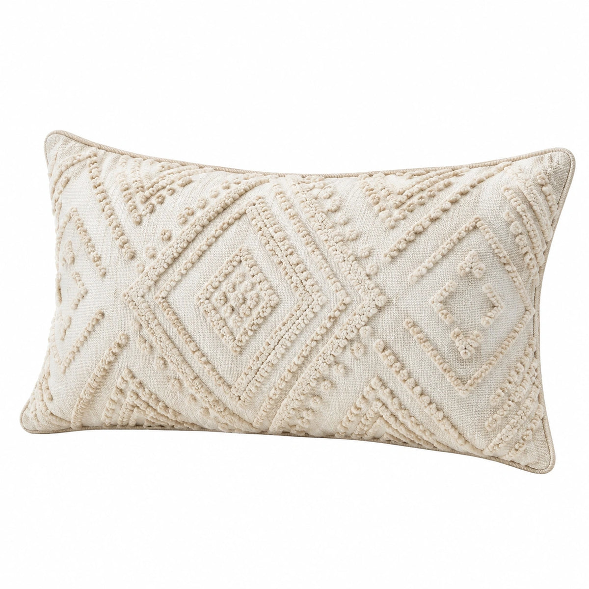 Cojín decorativo rectangular 50 x 30 cm de tejido beige con relieve geométrico