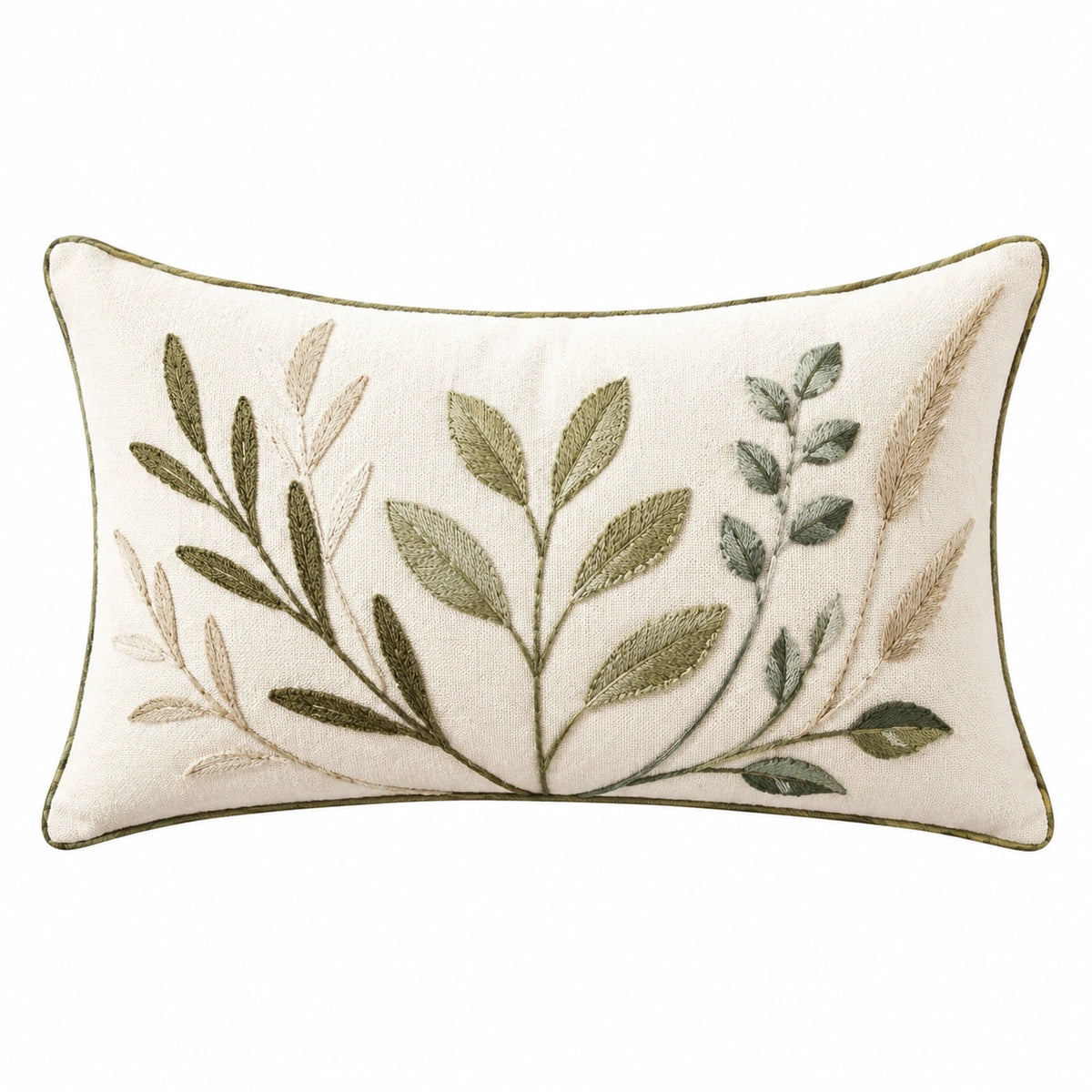 Cojín rectangular 50 x 30 cm de tejido beige con bordado vegetal para decoración rústica