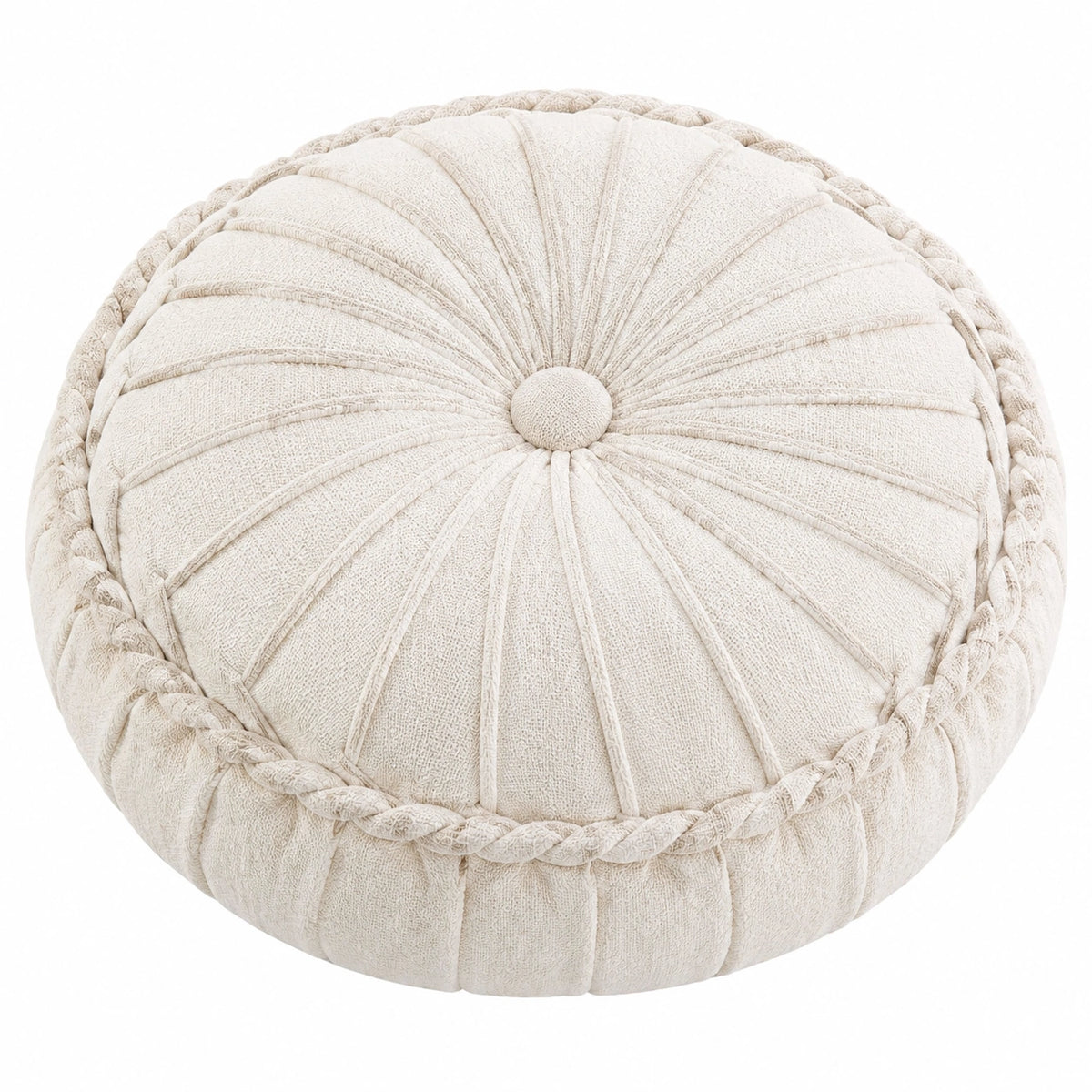 Cojín redondo de 45 cm en tejido beige con capitoné decorativo