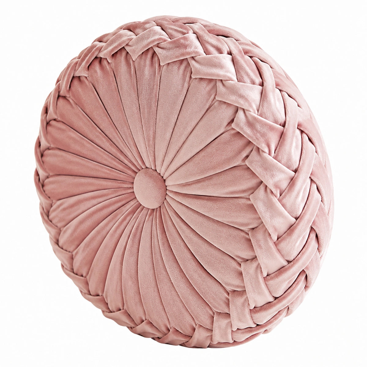 Cojín redondo 40 cm de tejido aterciopelado rosa con pliegues decorativos