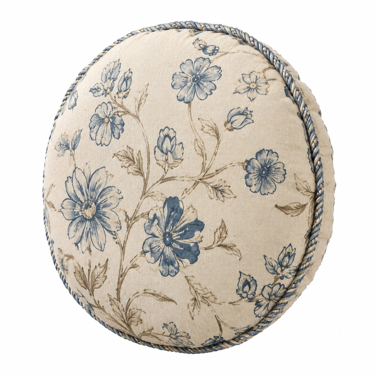 Cojín redondo 40 cm de tela beige con flores azules y ribete decorativo